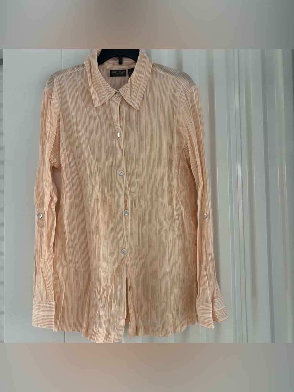 Additions by Chico’s Striped Gold and pink button down crepe shirt